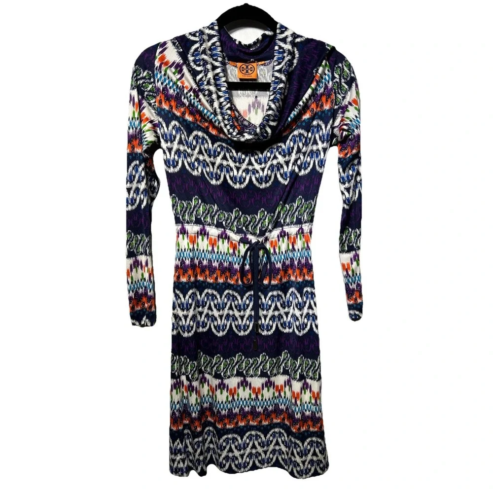 Tory Burch Silk Long Sleeve Cowl Neck Mini Dress Fantasy Print Sz Small‎ EUC